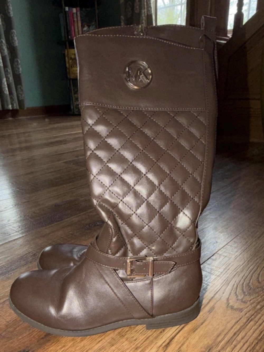 Michael Kors Brown Quilted Leather Tall Boots with Logo Medallion kids size 3